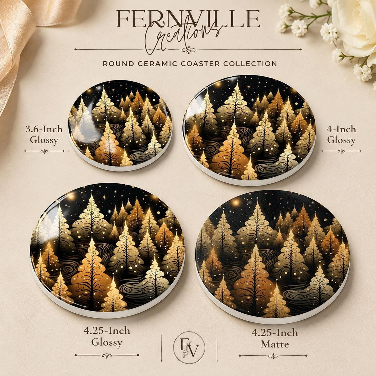 Christmas Coaster with Golden Tree Design, Elegant Ceramic Holiday Decor