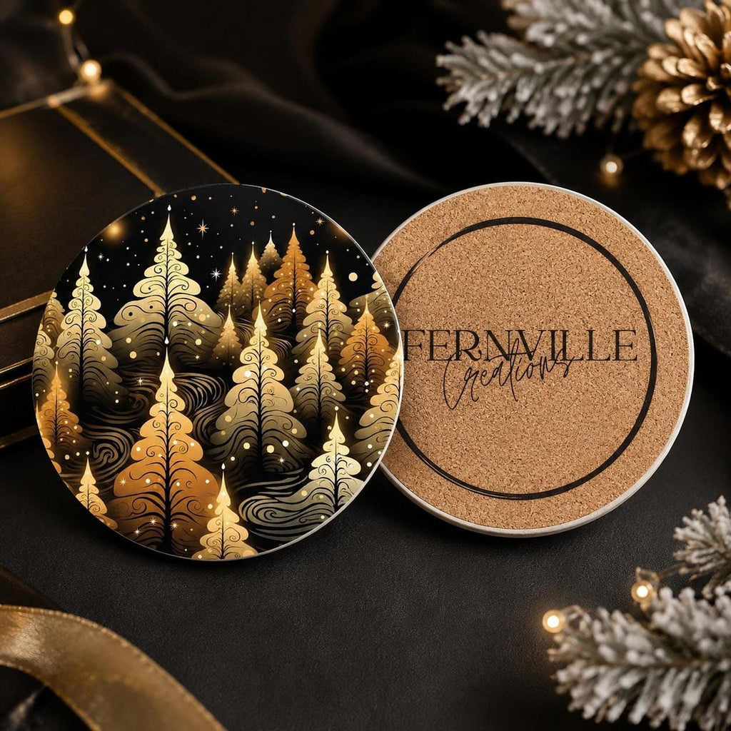 Christmas Coaster with Golden Tree Design, Elegant Ceramic Holiday Decor