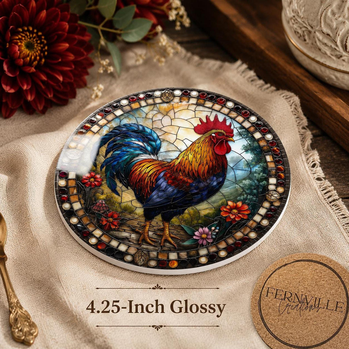 Rooster Coaster, Colorful Ceramic Drink Mat for Farmhouse Decor