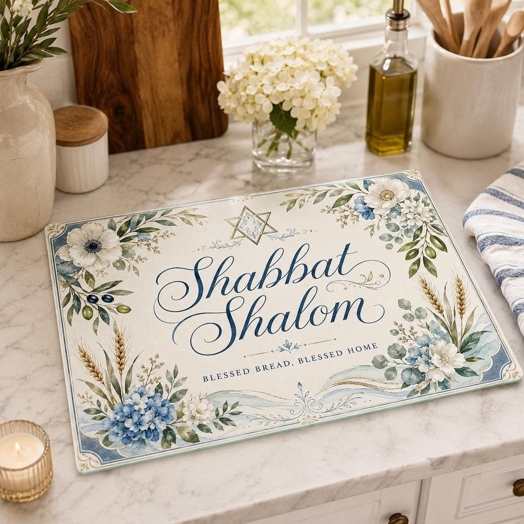 Challah Board with Shabbat Shalom Design, Tempered Glass Serving Tray