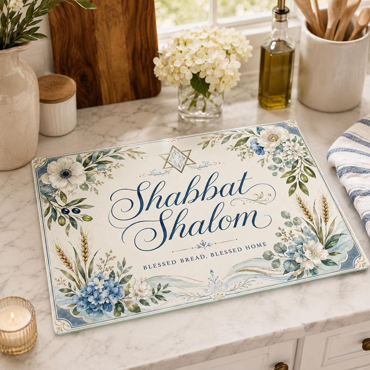 Challah Board with Shabbat Shalom Design, Tempered Glass Serving Tray
