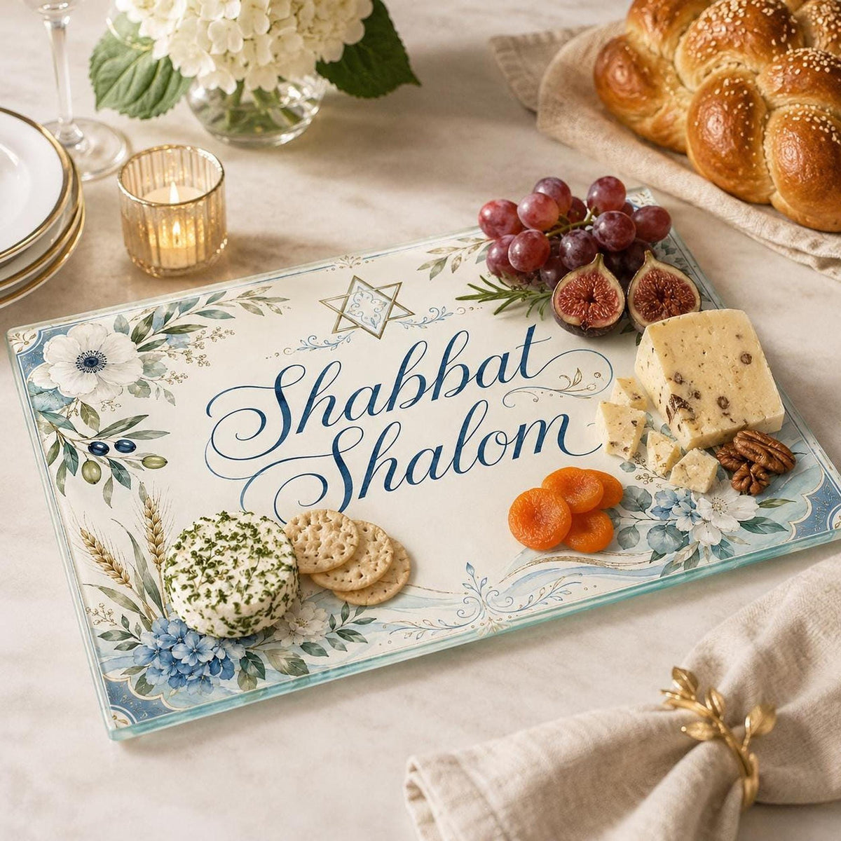 Challah Board with Shabbat Shalom Design, Tempered Glass Serving Tray