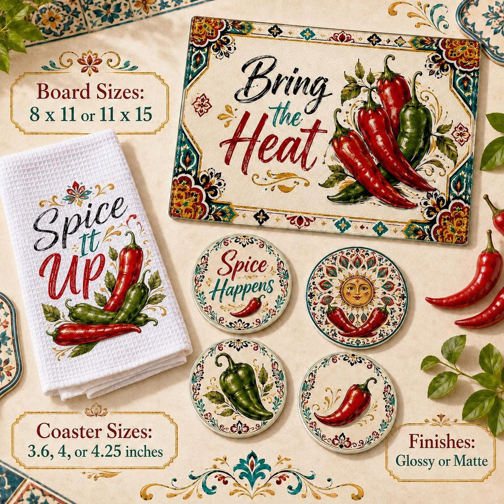 Chili Pepper Kitchen Gift Set with Glass Cutting Board, Coasters & Towel