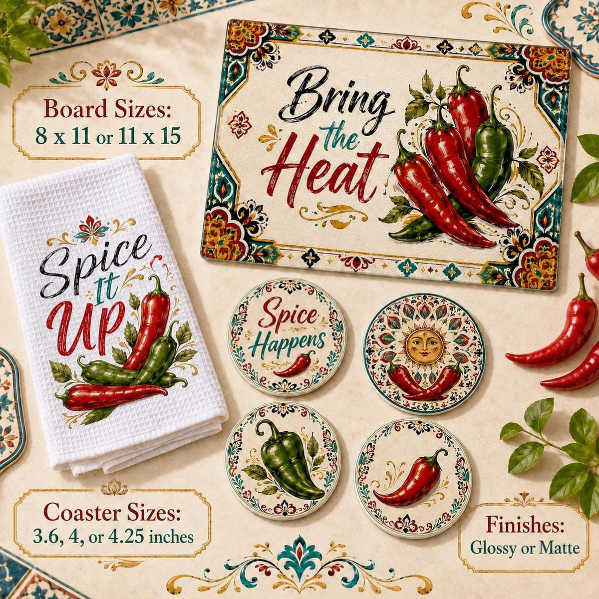 Chili Pepper Kitchen Gift Set with Glass Cutting Board, Coasters & Towel