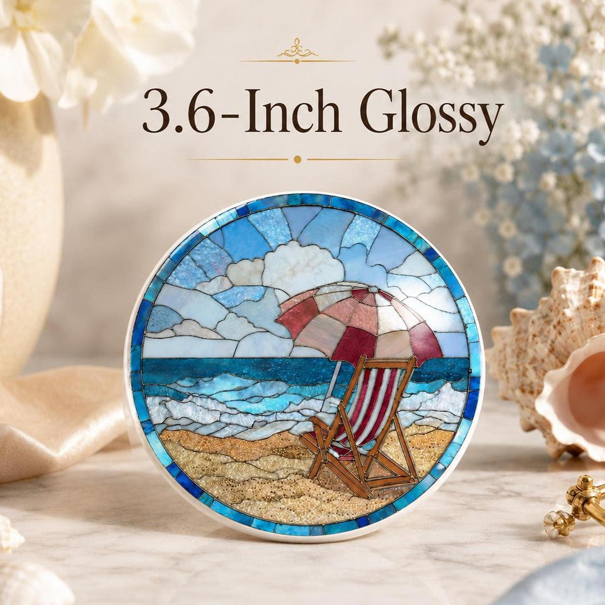 Beach Ceramic Coaster with Seaside Chair Design, Round Coastal Decor