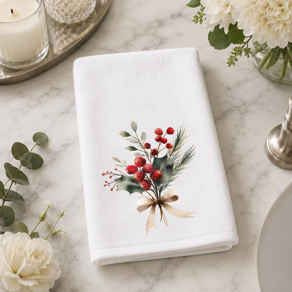 Christmas Hand Towel, 15 × 25 Inch White Sheared Polyester Front