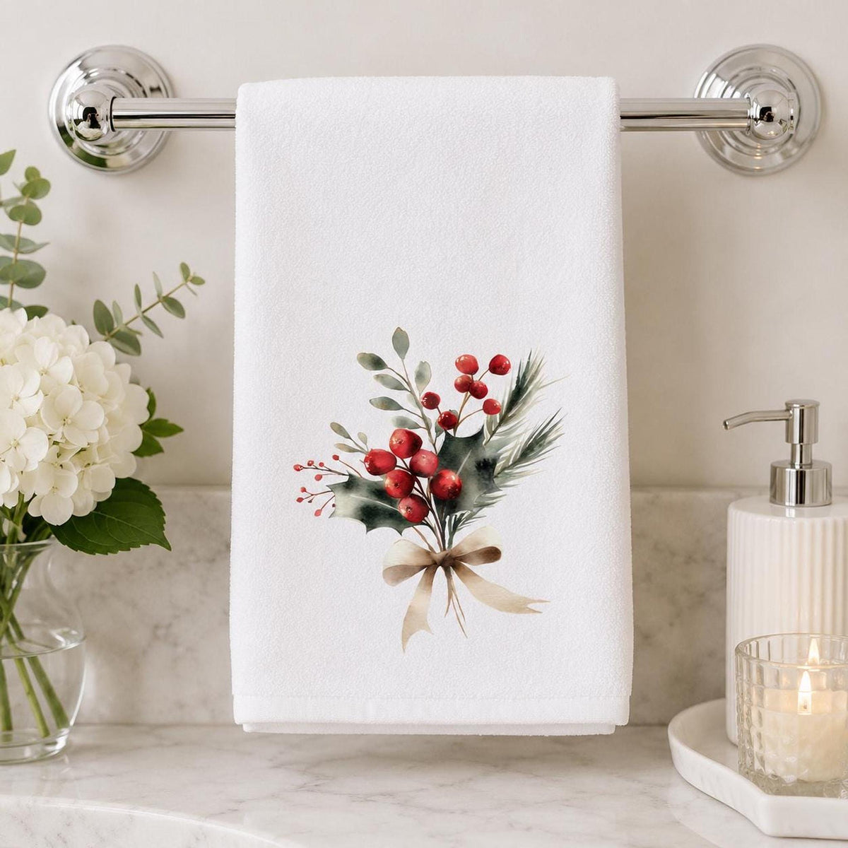 Christmas Hand Towel, 15 × 25 Inch White Sheared Polyester Front