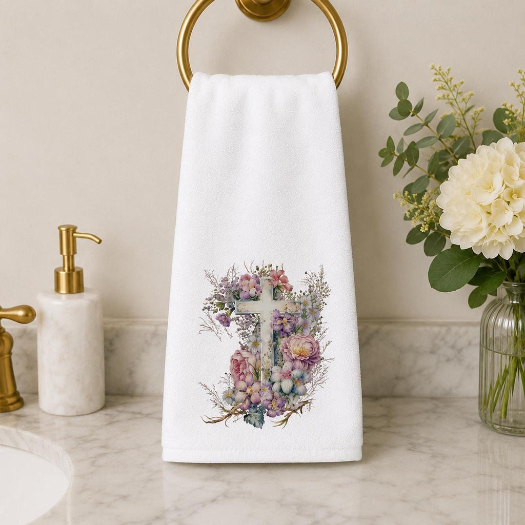Floral Cross Towel, 15 × 25-Inch Sheared Polyester Front, Cotton Terrycloth Back