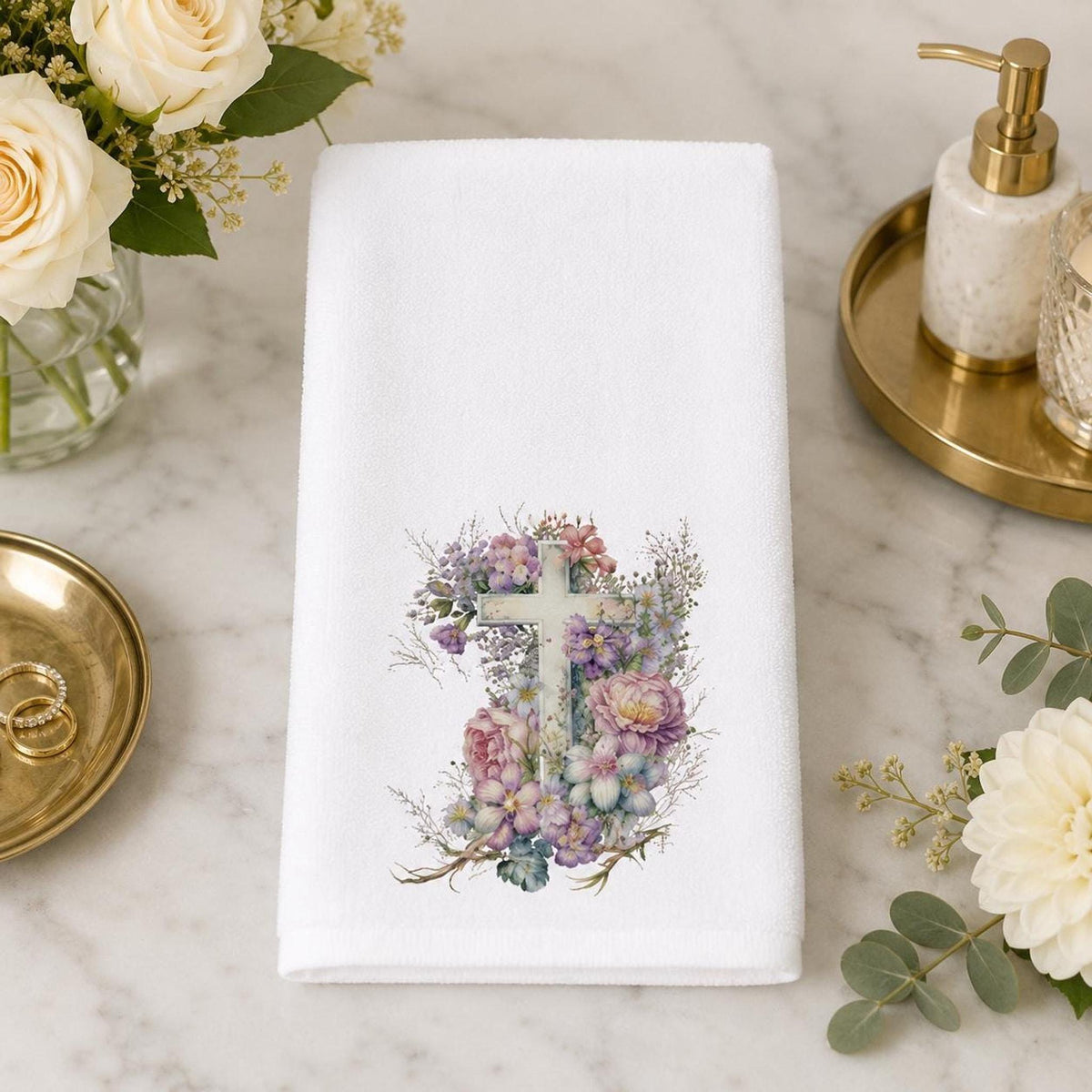 Floral Cross Towel, 15 × 25-Inch Sheared Polyester Front, Cotton Terrycloth Back