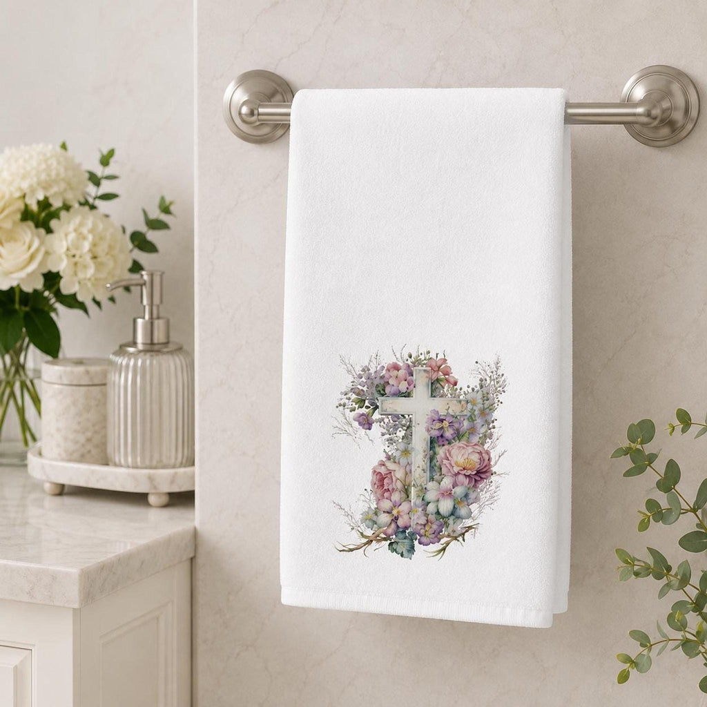 Floral Cross Towel, 15 × 25-Inch Sheared Polyester Front, Cotton Terrycloth Back