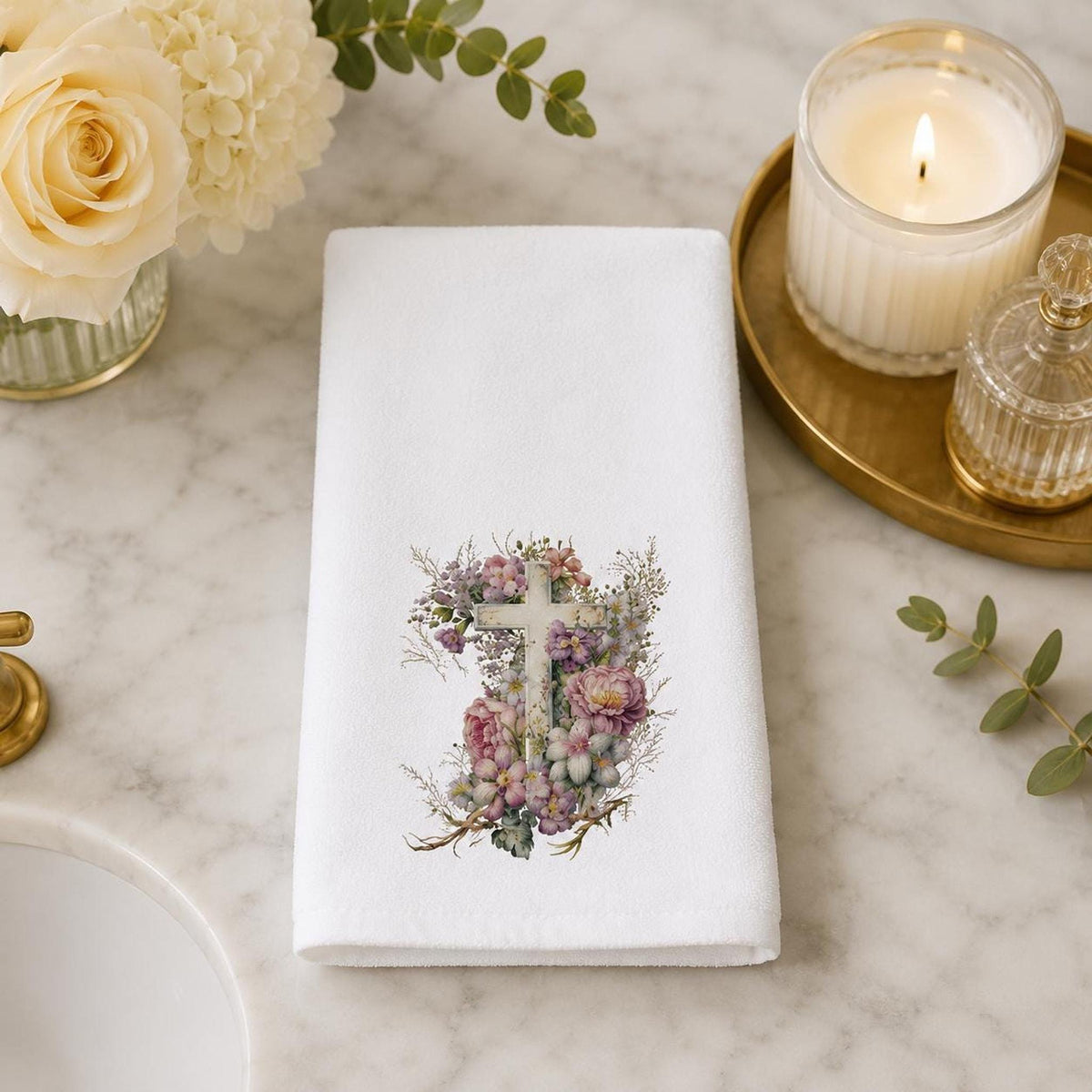Floral Cross Towel, 15 × 25-Inch Sheared Polyester Front, Cotton Terrycloth Back