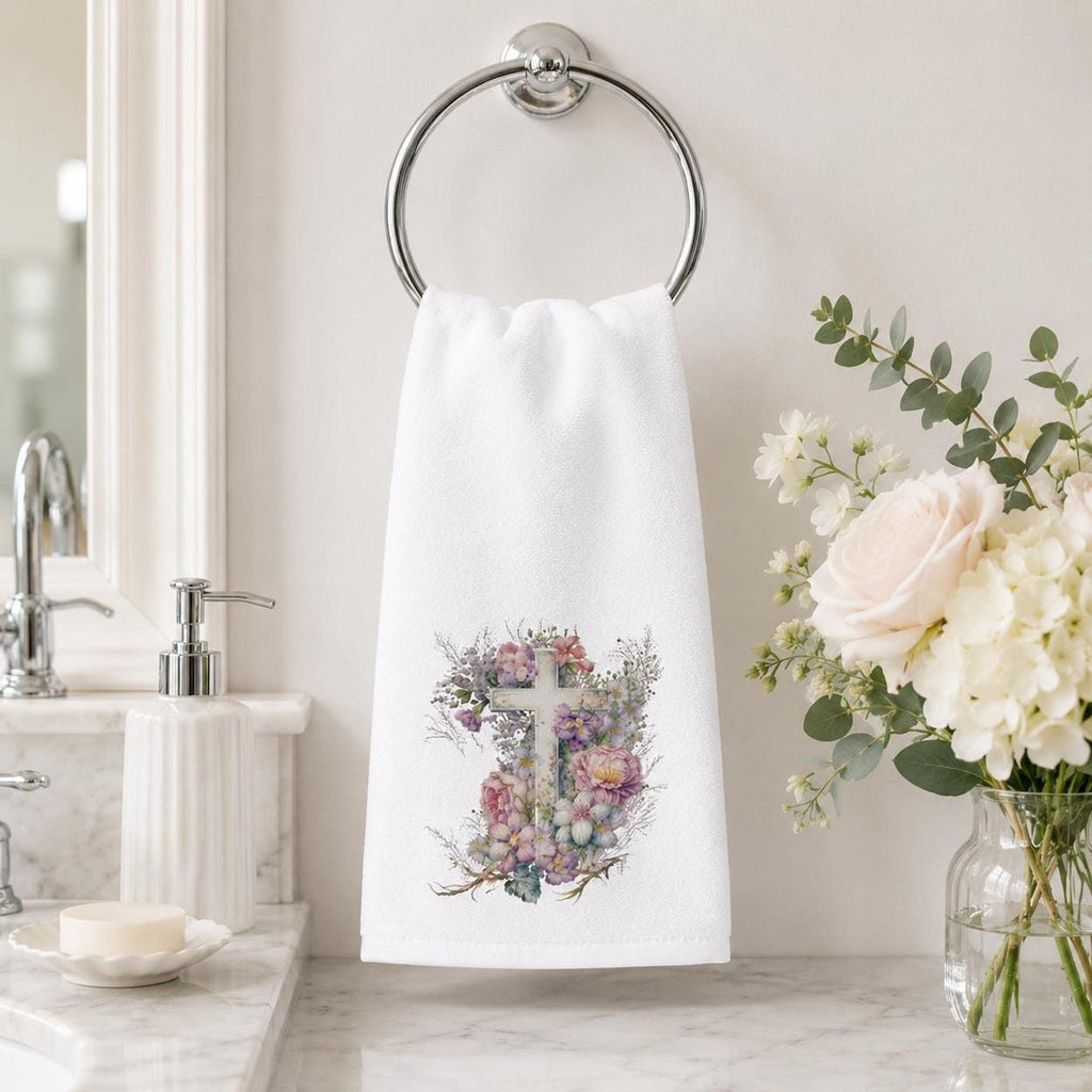 Floral Cross Towel, 15 × 25-Inch Sheared Polyester Front, Cotton Terrycloth Back