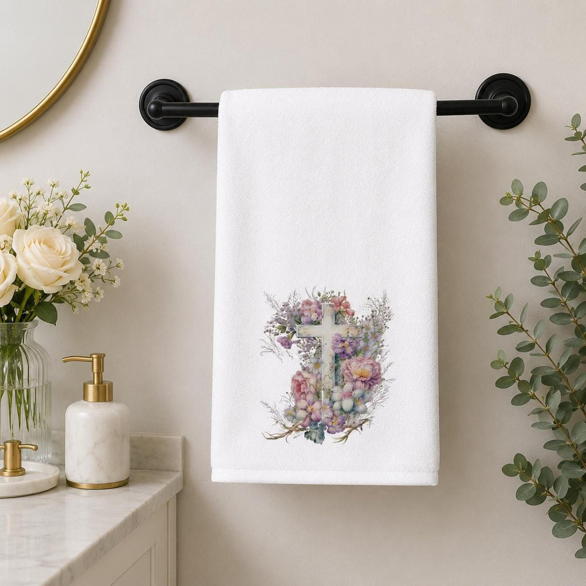 Floral Cross Towel, 15 × 25-Inch Sheared Polyester Front, Cotton Terrycloth Back
