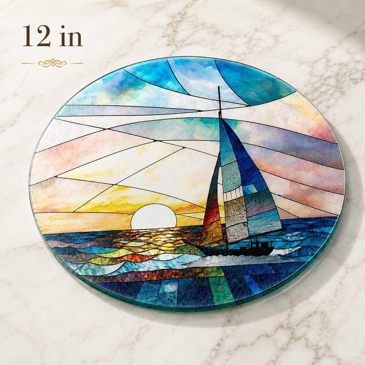 Round Cutting Board, Tempered Glass Sailboat Design, 8-Inch Or 12-Inch