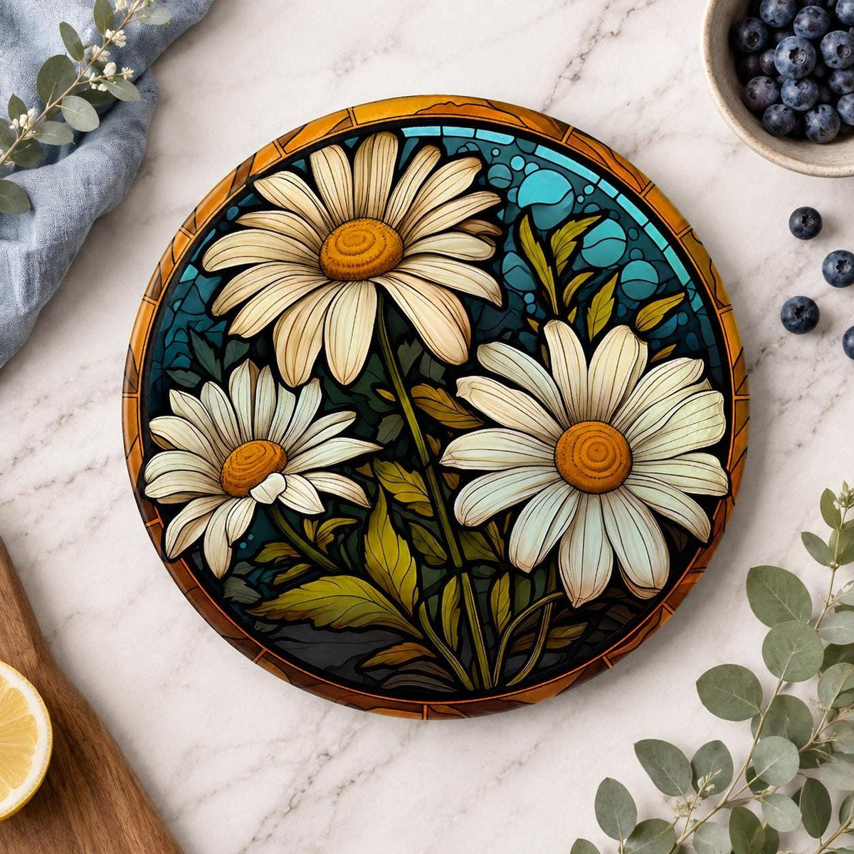 Daisy Cutting Board, Round Tempered Glass Floral Serving Platter