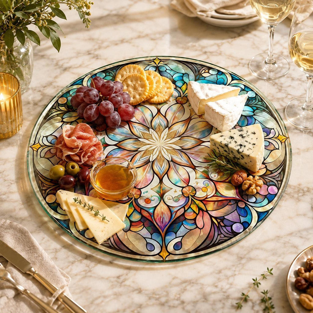 Glass Cutting Board, Round Mandala Serving Tray, 8-Inch Or 12-Inch