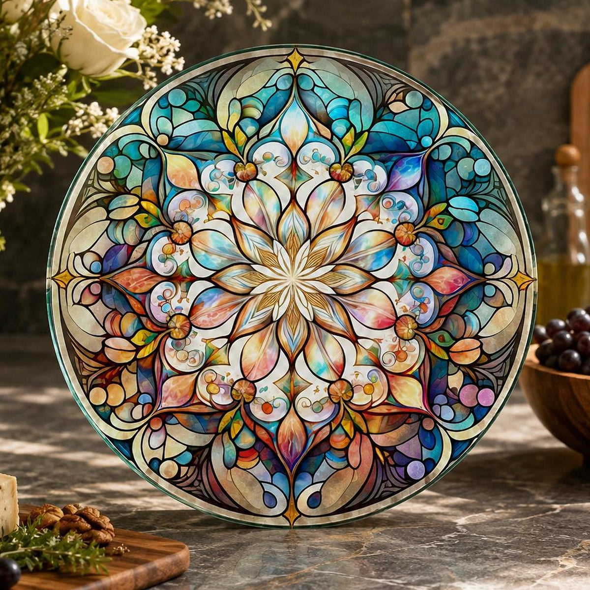 Glass Cutting Board, Round Mandala Serving Tray, 8-Inch Or 12-Inch