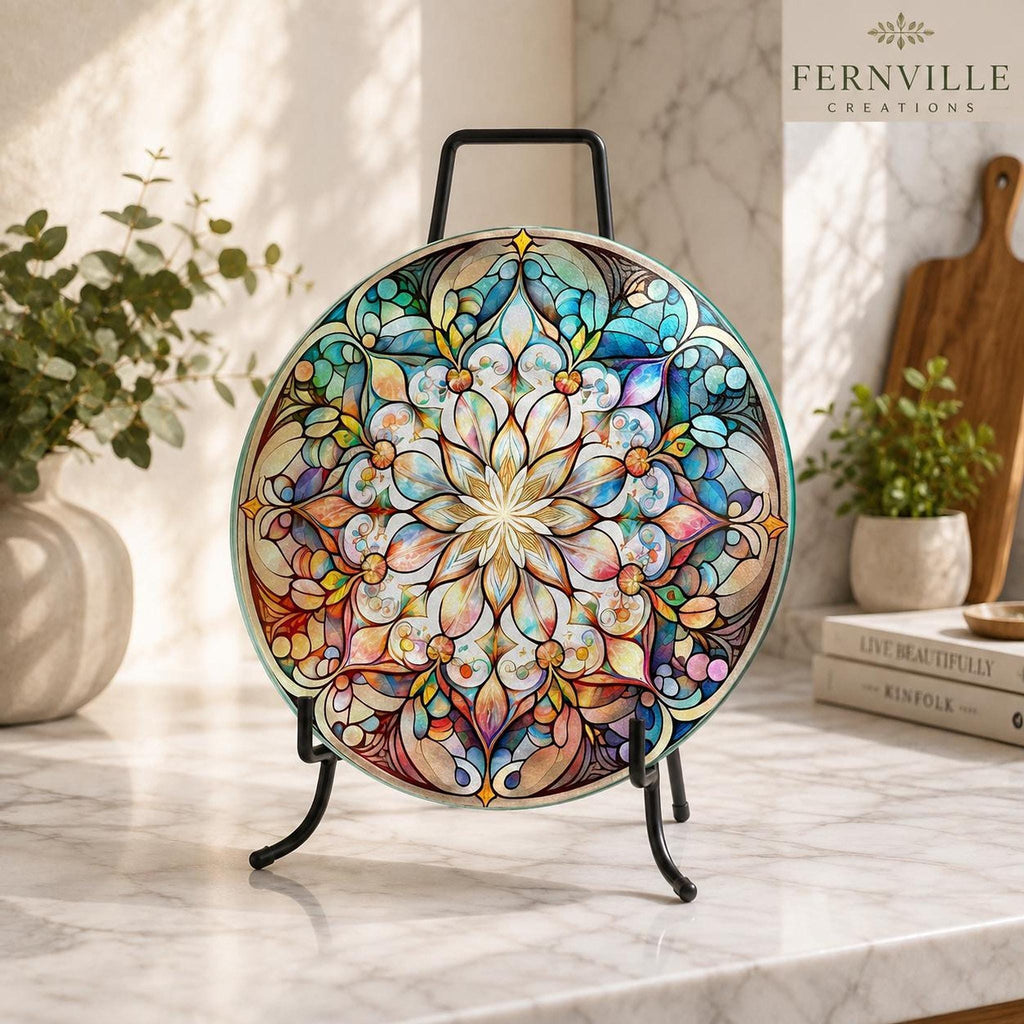 Glass Cutting Board, Round Mandala Serving Tray, 8-Inch Or 12-Inch