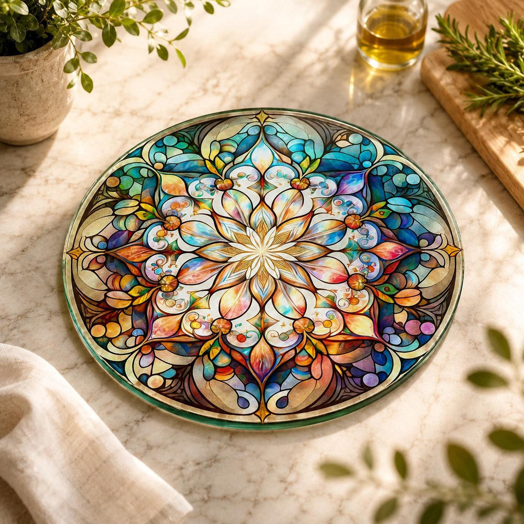 Glass Cutting Board, Round Mandala Serving Tray, 8-Inch Or 12-Inch