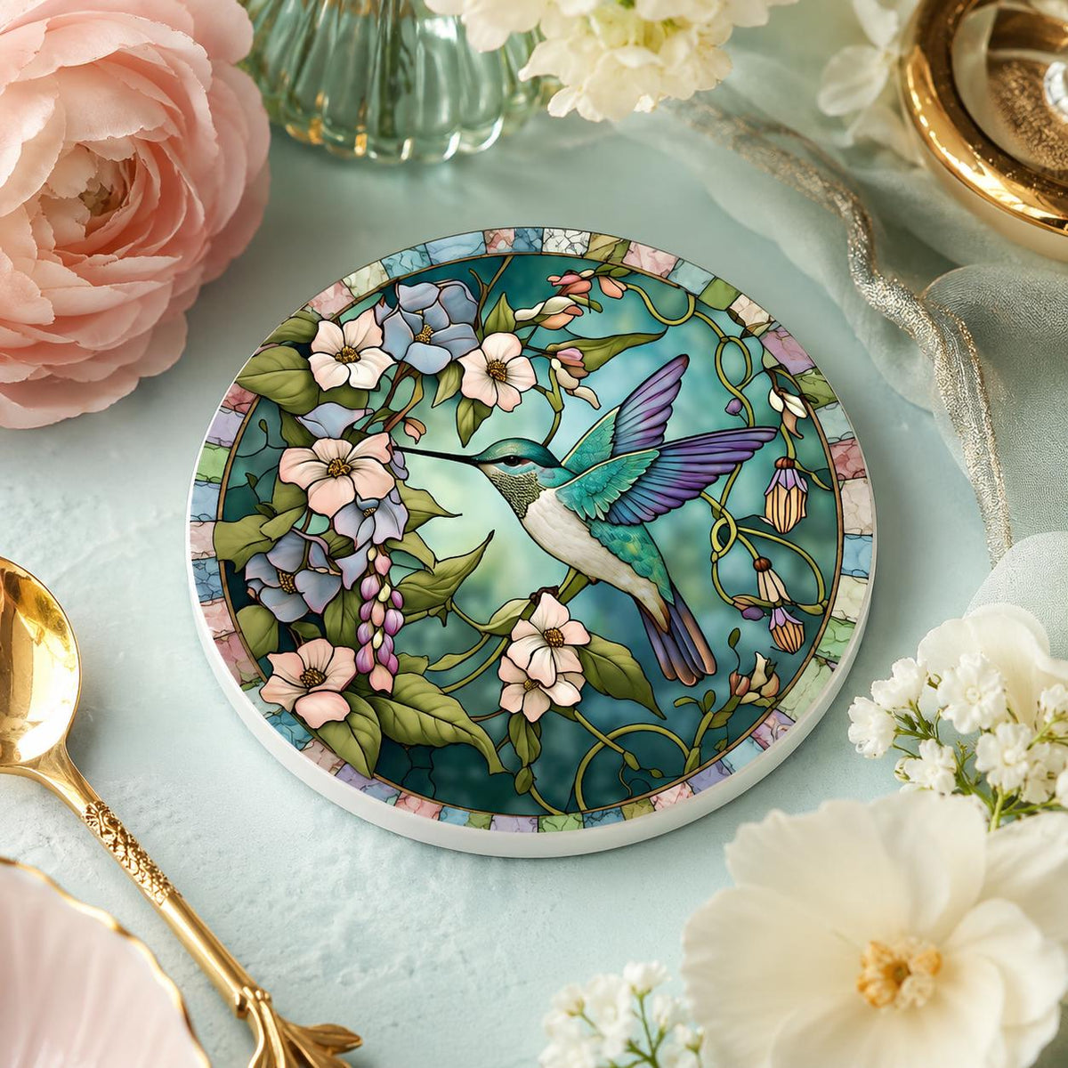 Hummingbird Floral Ceramic Coaster, Round Garden Drink Mat, Botanical Bird Decor