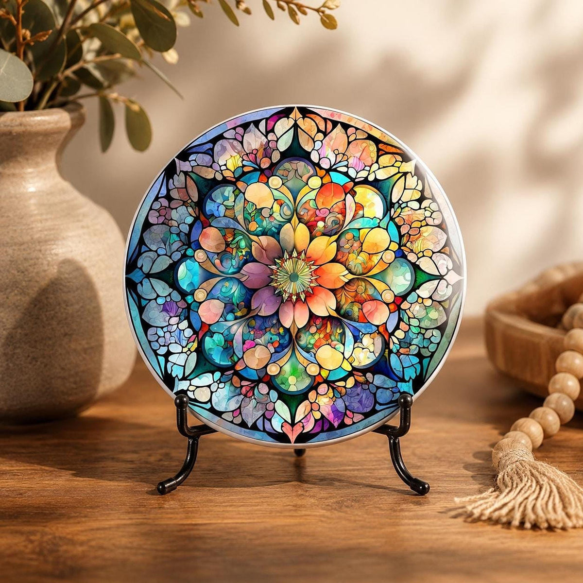 Mandala Coaster, Colorful Ceramic Drink Mat with Floral Mosaic Design