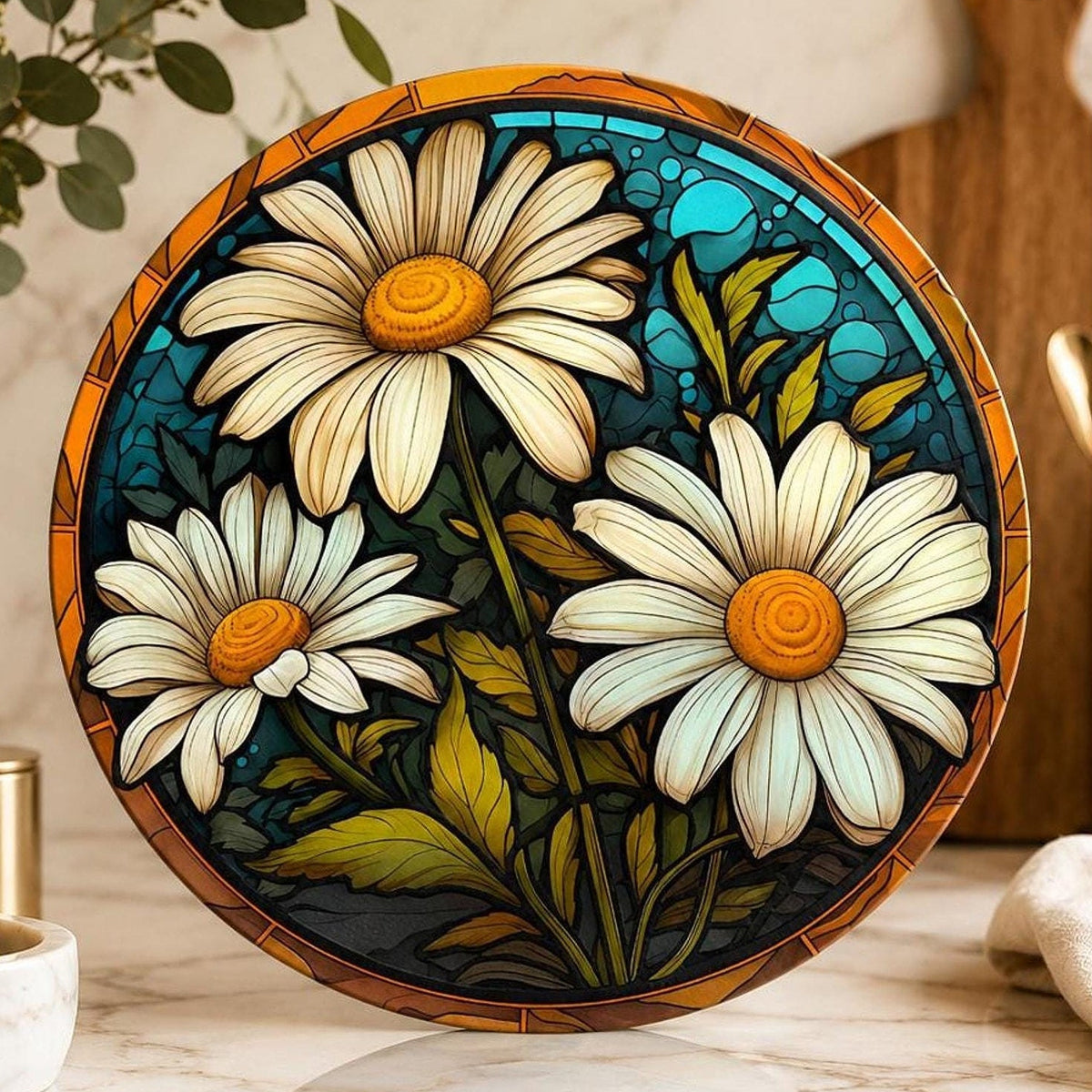 Daisy Cutting Board, Round Tempered Glass Floral Serving Platter