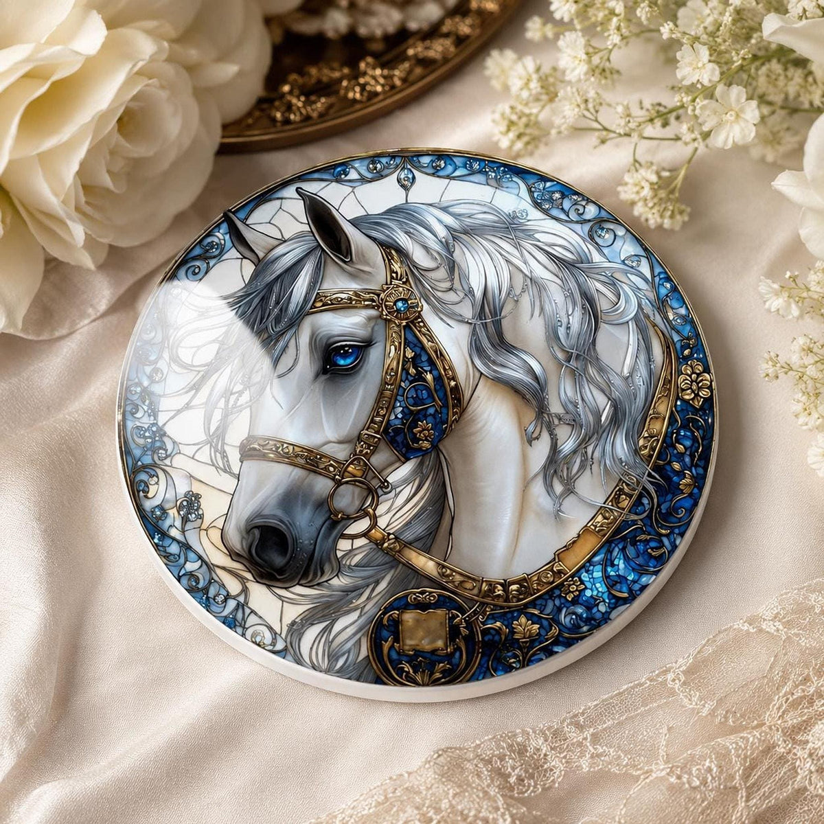 White Horse Coaster, Elegant Equestrian Decor with Blue and Gold Accents