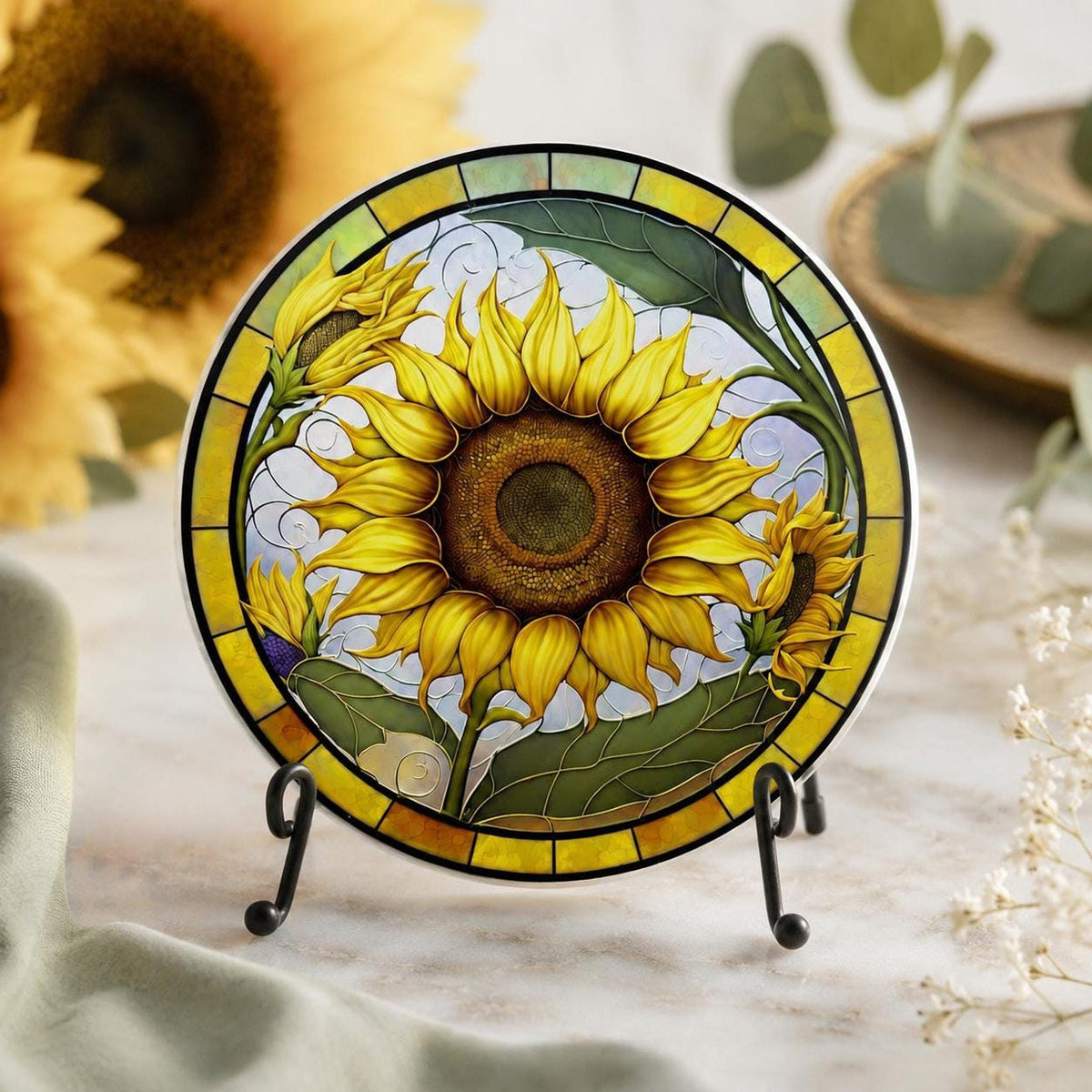 Sunflower Coaster, Round Ceramic Mat with Bright Botanical Design