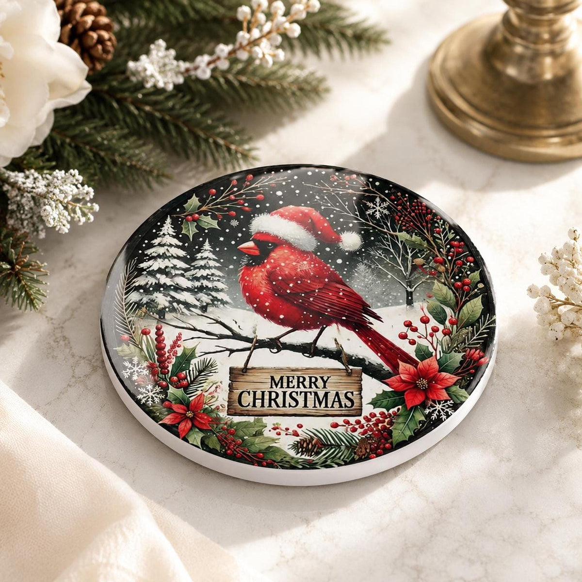 Christmas Coaster Featuring Cardinal in Santa Hat, Round Ceramic Drink Mat