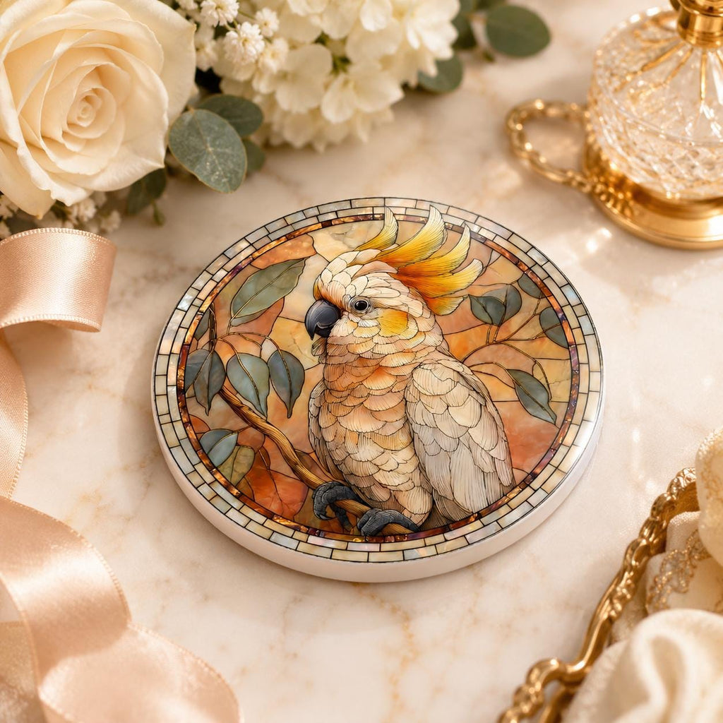 Cockatoo Ceramic Coaster, Bird Lover Gift, Leaded-Glass-Inspired Parrot Drink Mat