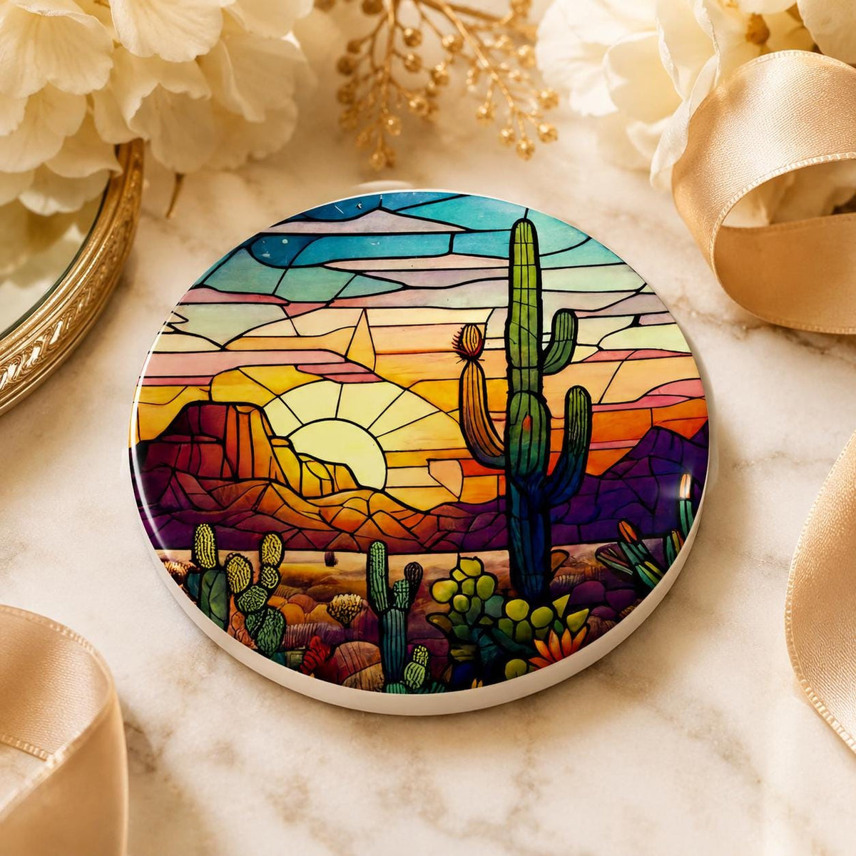 Desert Sunset Ceramic Coaster, Cactus Drink Mat, Leaded-Glass-Inspired Southwest Decor