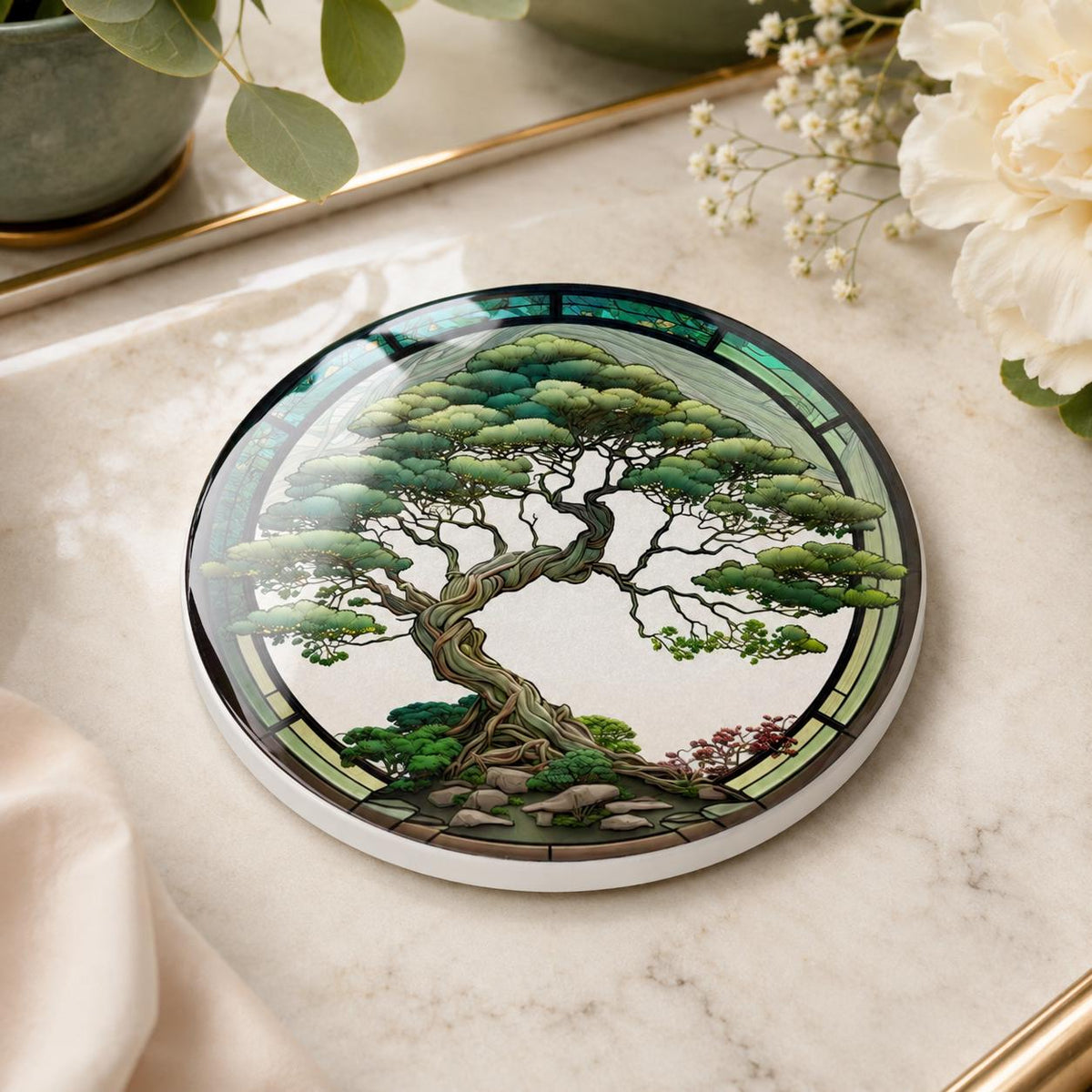 Bonsai Tree Ceramic Coaster, Zen Garden Decor, Botanical Drink Holder
