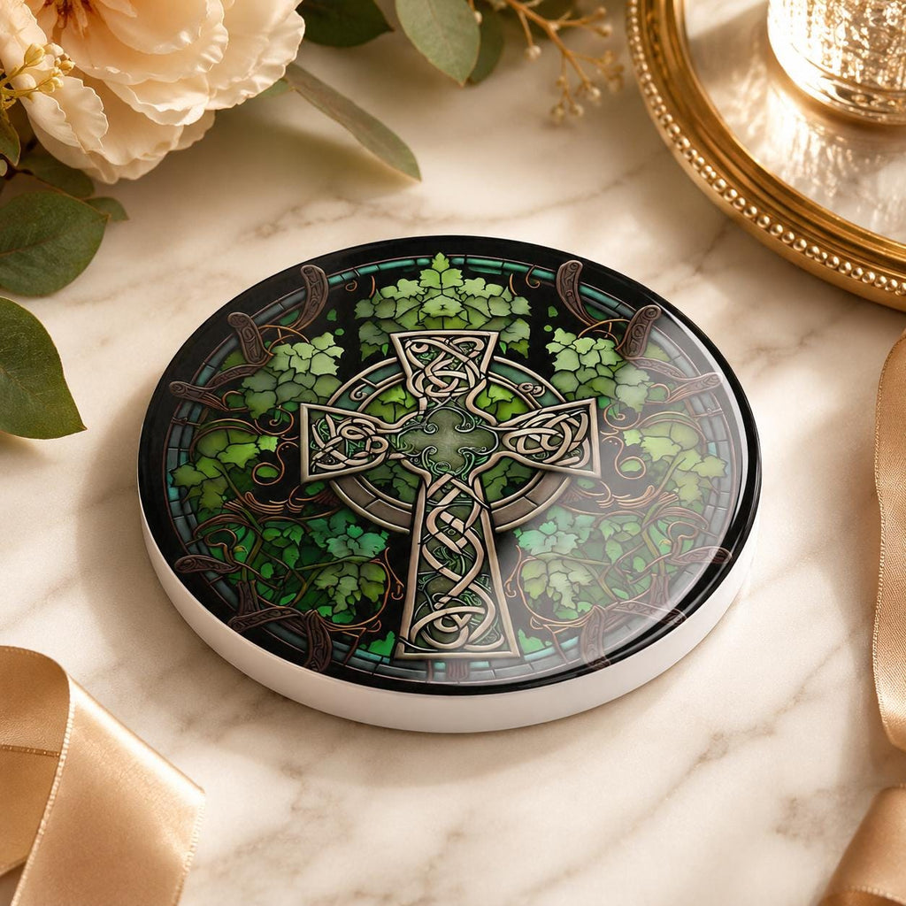 Celtic Cross Ceramic Coaster, Irish Shamrock Drink Mat, Green Botanical Table Decor