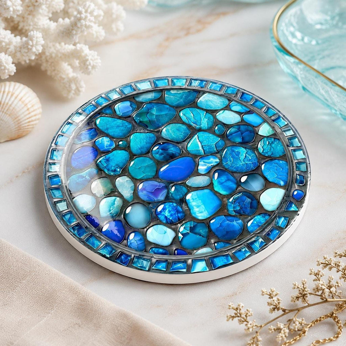 Coastal Coaster with Blue Stone Print, Round Ceramic Drink