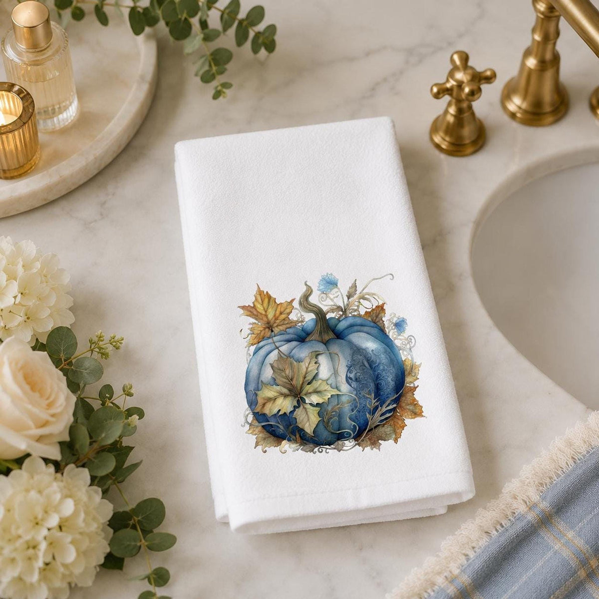 Fall Hand Towel with Blue Pumpkin Art, Luxury Kitchen and Bath Decor