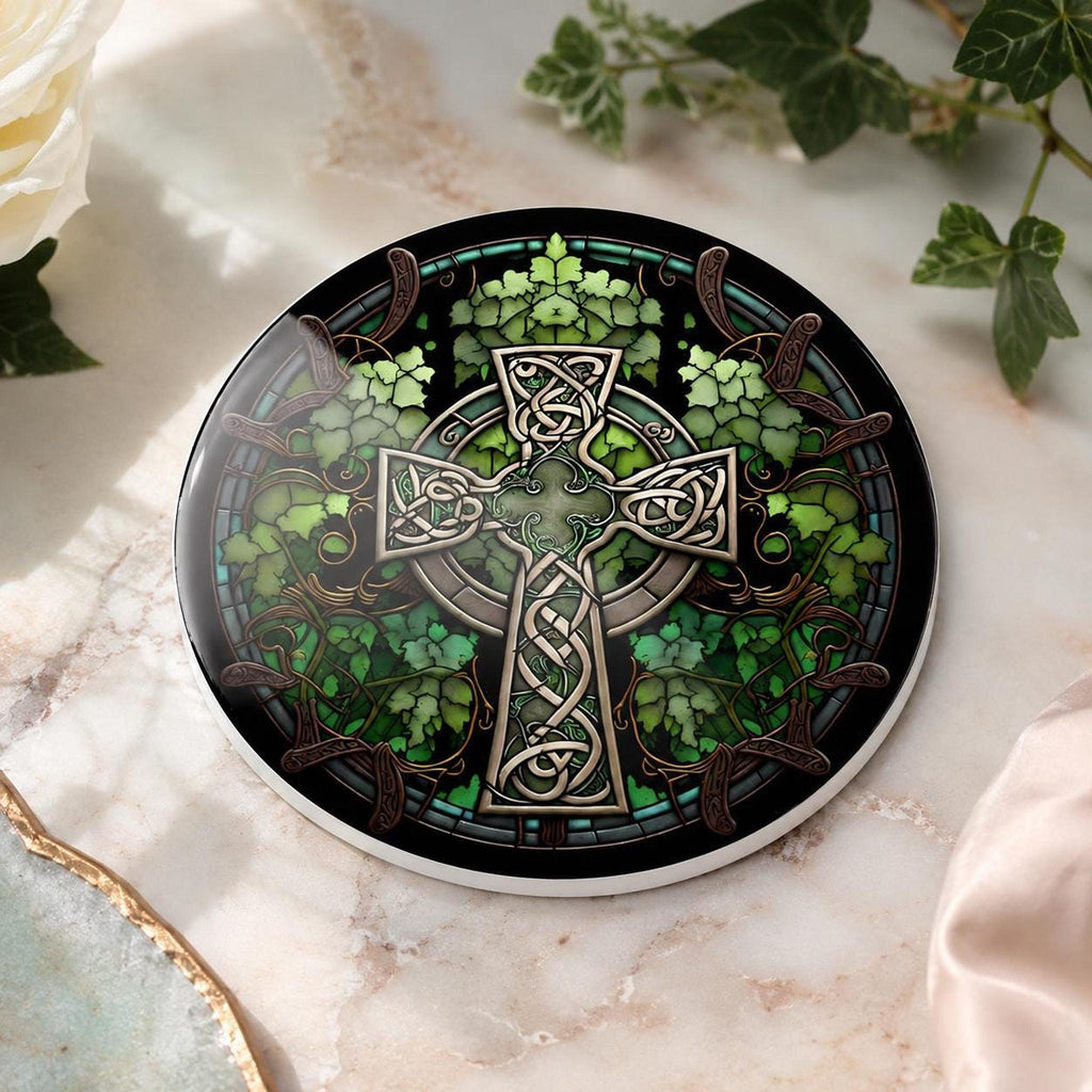Celtic Coaster, Green Ceramic Drink Mat with Glossy or Matte Finish