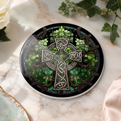 Celtic Coaster, Green Ceramic Drink Mat with Glossy or Matte Finish