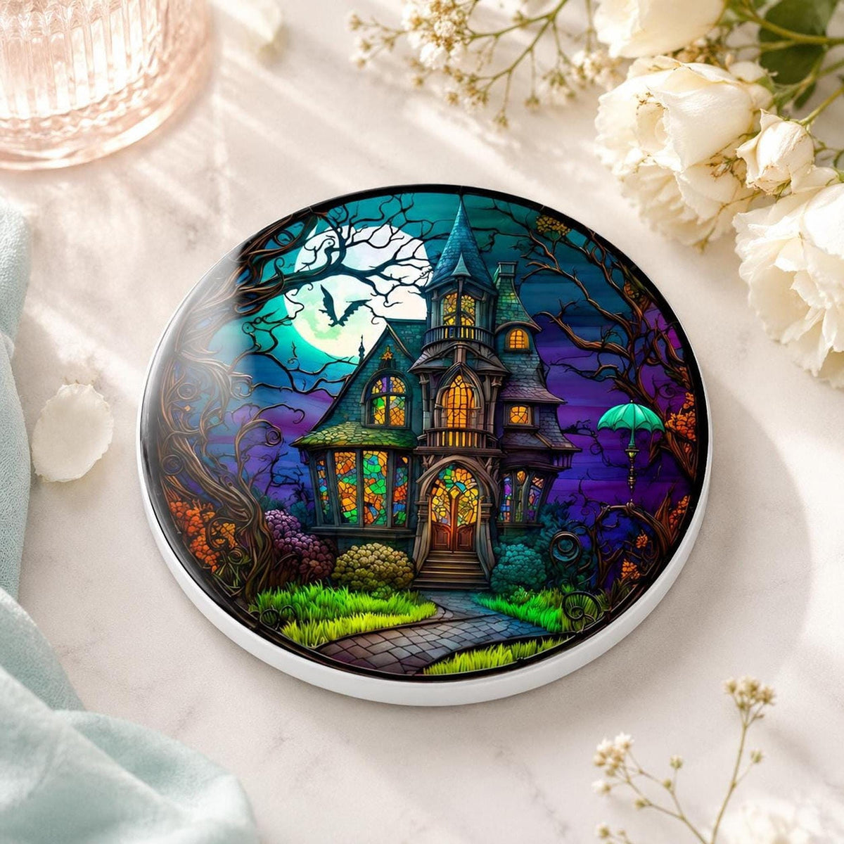 Haunted Coaster with Spooky Victorian Mansion Design, Ceramic Drink Mat