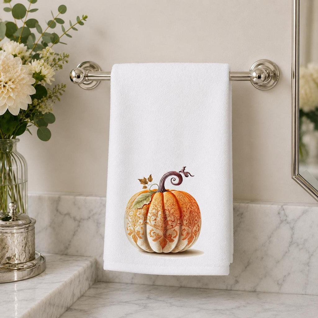 Fall Hand Towel with Ornate Pumpkin Design, Elegant Autumn Decor