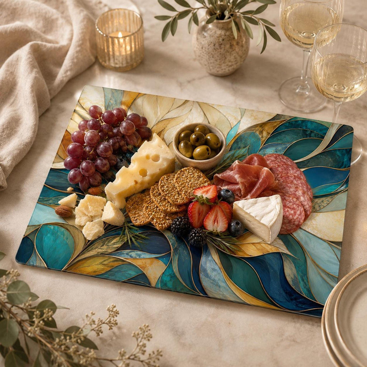 Glass Cutting Board, Tempered Charcuterie Serving Surface in Teal and Gold