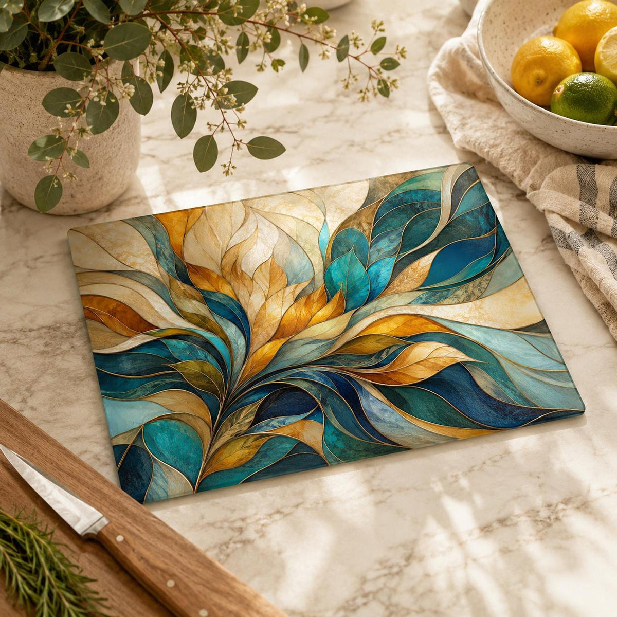 Glass Cutting Board, Tempered Charcuterie Serving Surface in Teal and Gold