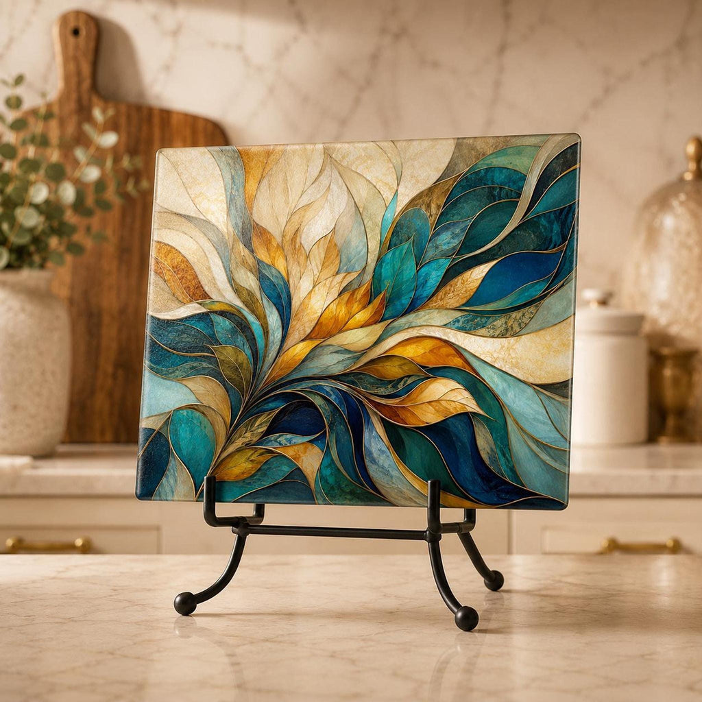 Glass Cutting Board, Tempered Charcuterie Serving Surface in Teal and Gold