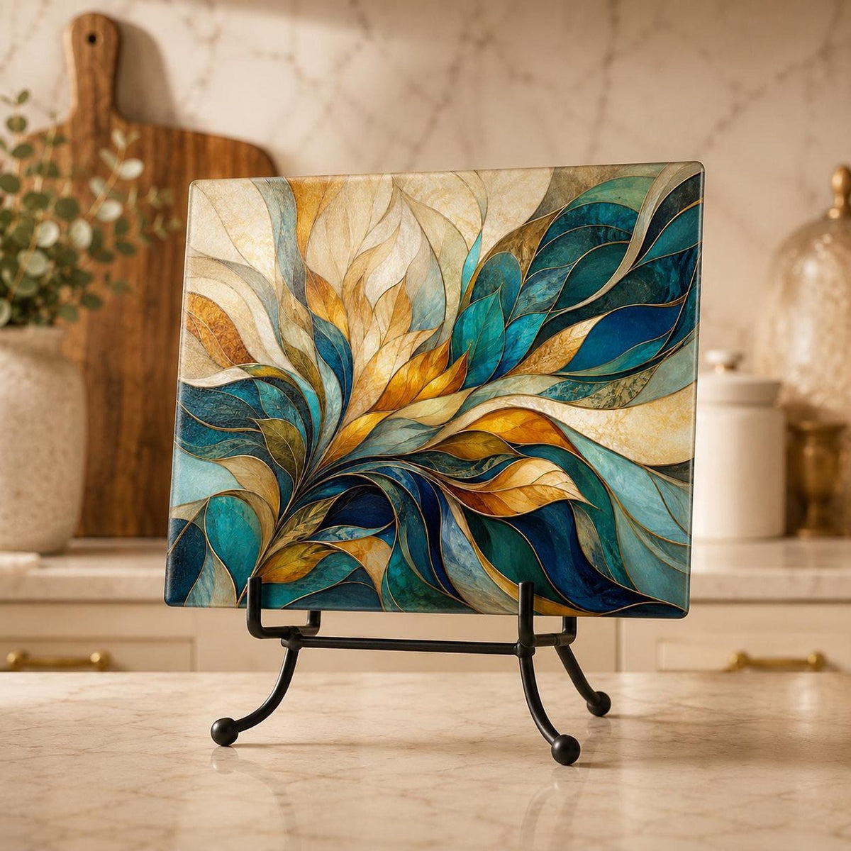 Glass Cutting Board, Tempered Charcuterie Serving Surface in Teal and Gold