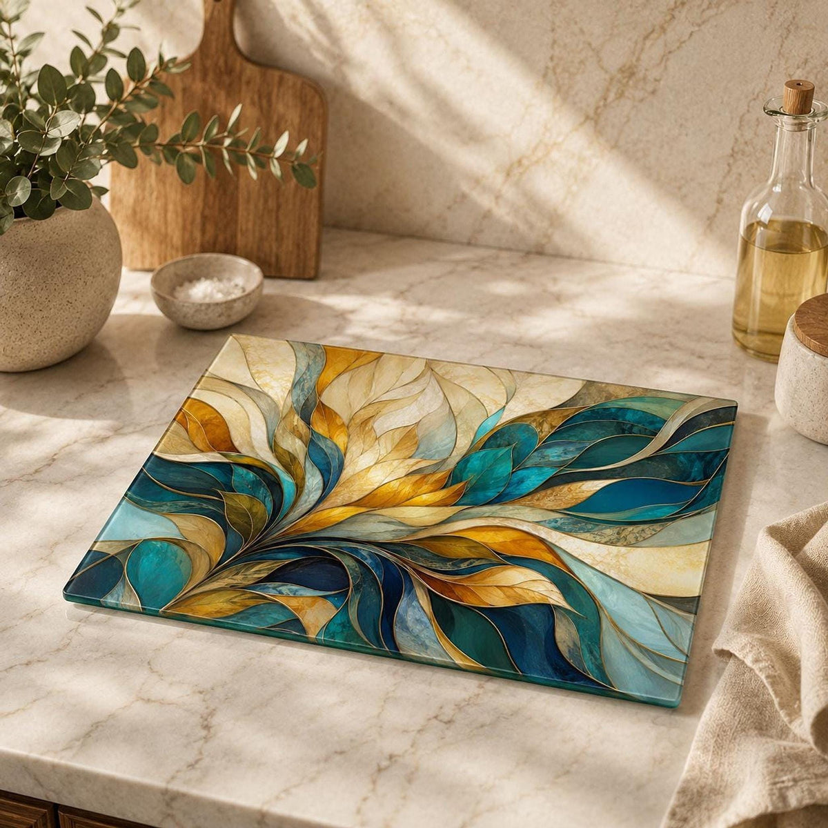 Glass Cutting Board, Tempered Charcuterie Serving Surface in Teal and Gold