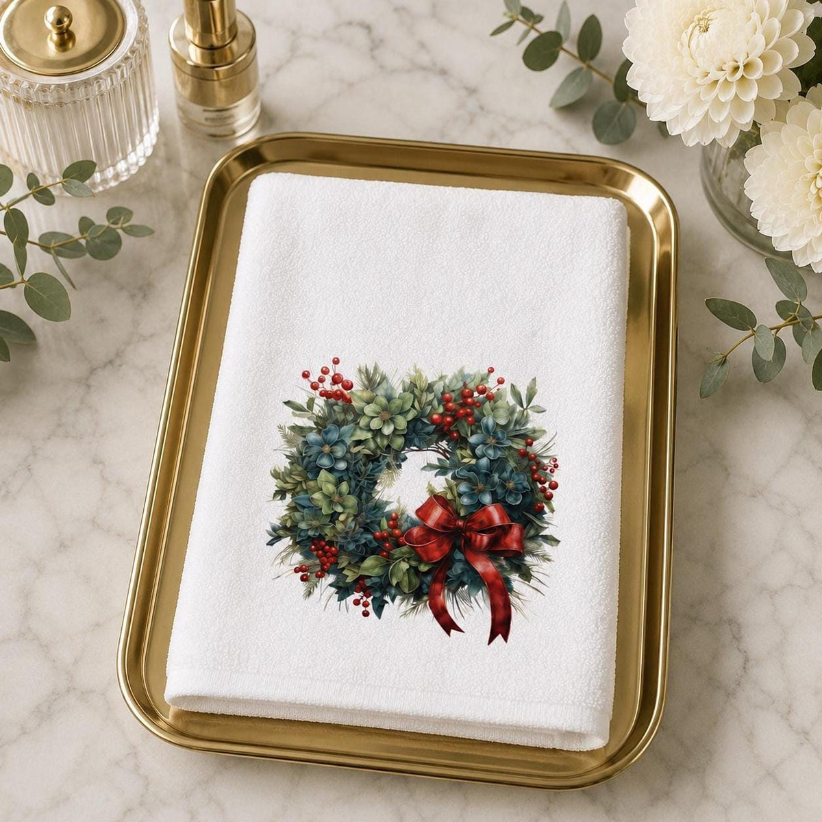 Christmas Wreath Hand Towel, Winter Floral Guest Bath Accent, Red Bow Seasonal Gift