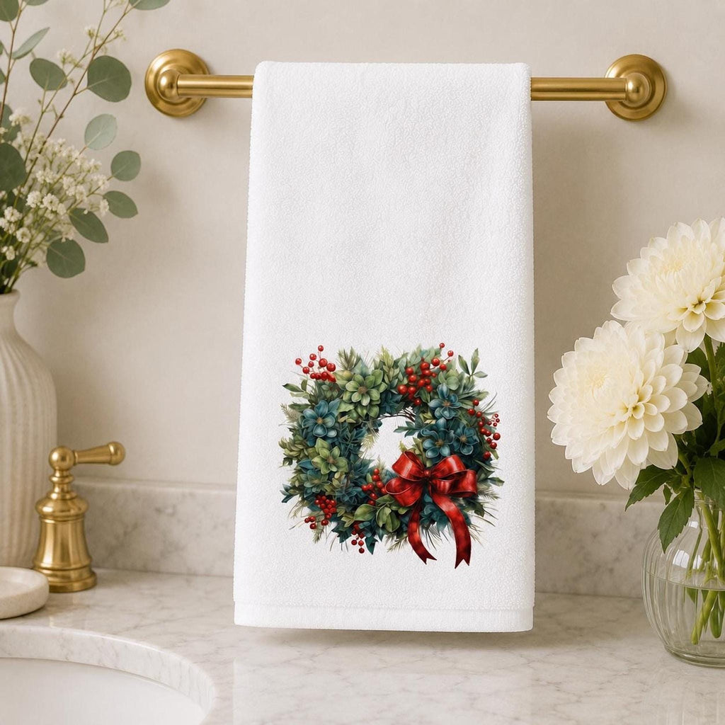 Christmas Wreath Hand Towel, Winter Floral Guest Bath Accent, Red Bow Seasonal Gift