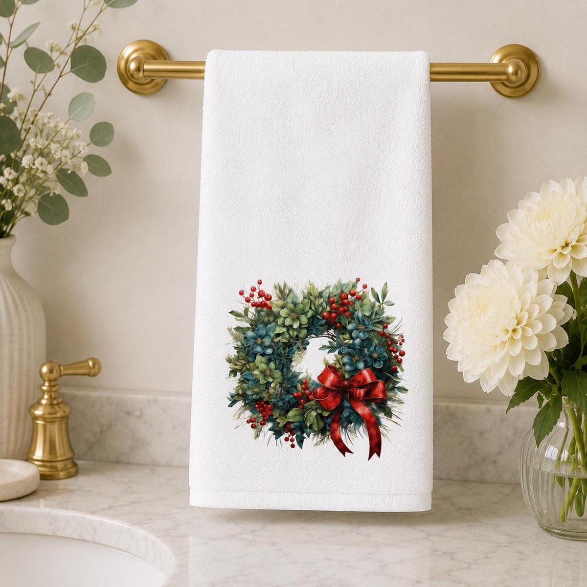 Christmas Wreath Hand Towel, Winter Floral Guest Bath Accent, Red Bow Seasonal Gift