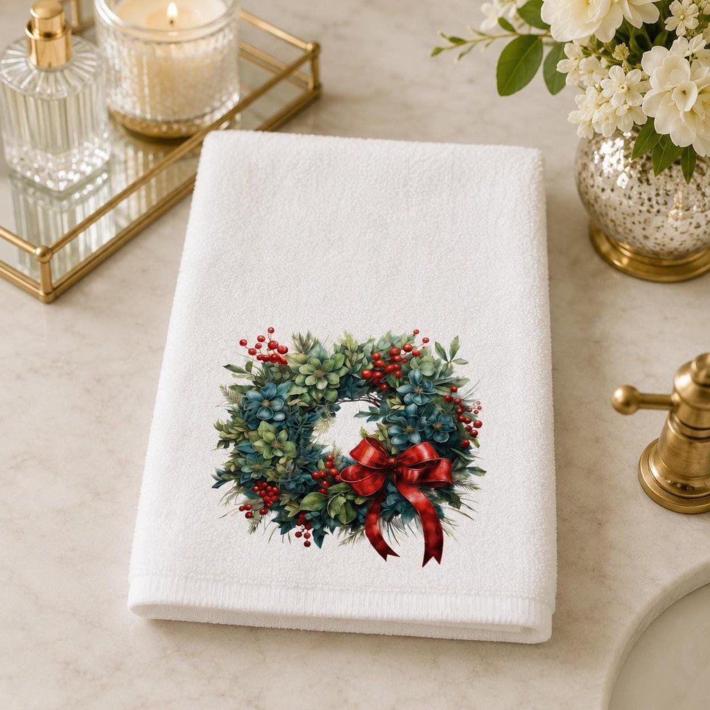 Christmas Wreath Hand Towel, Winter Floral Guest Bath Accent, Red Bow Seasonal Gift