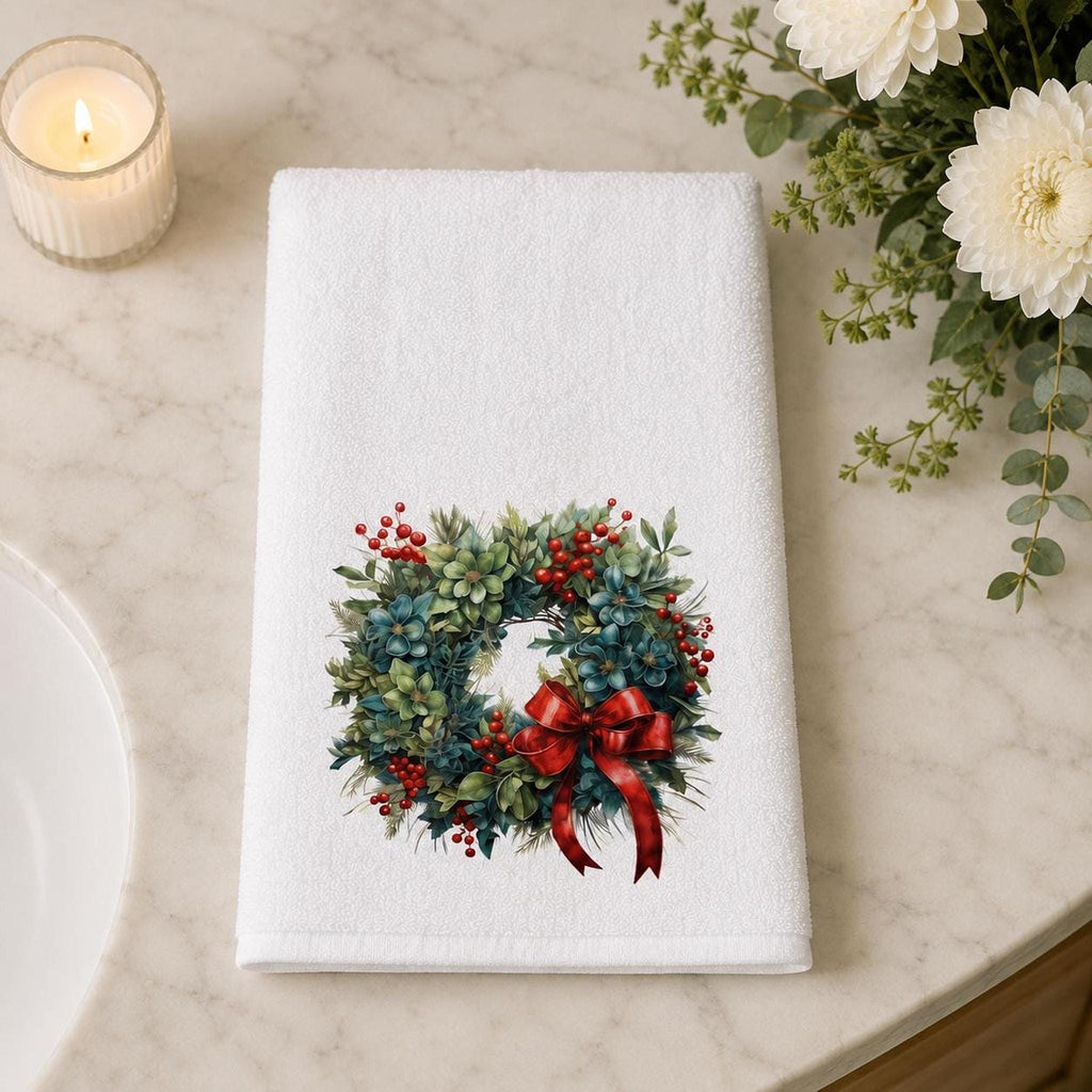 Christmas Wreath Hand Towel, Winter Floral Guest Bath Accent, Red Bow Seasonal Gift