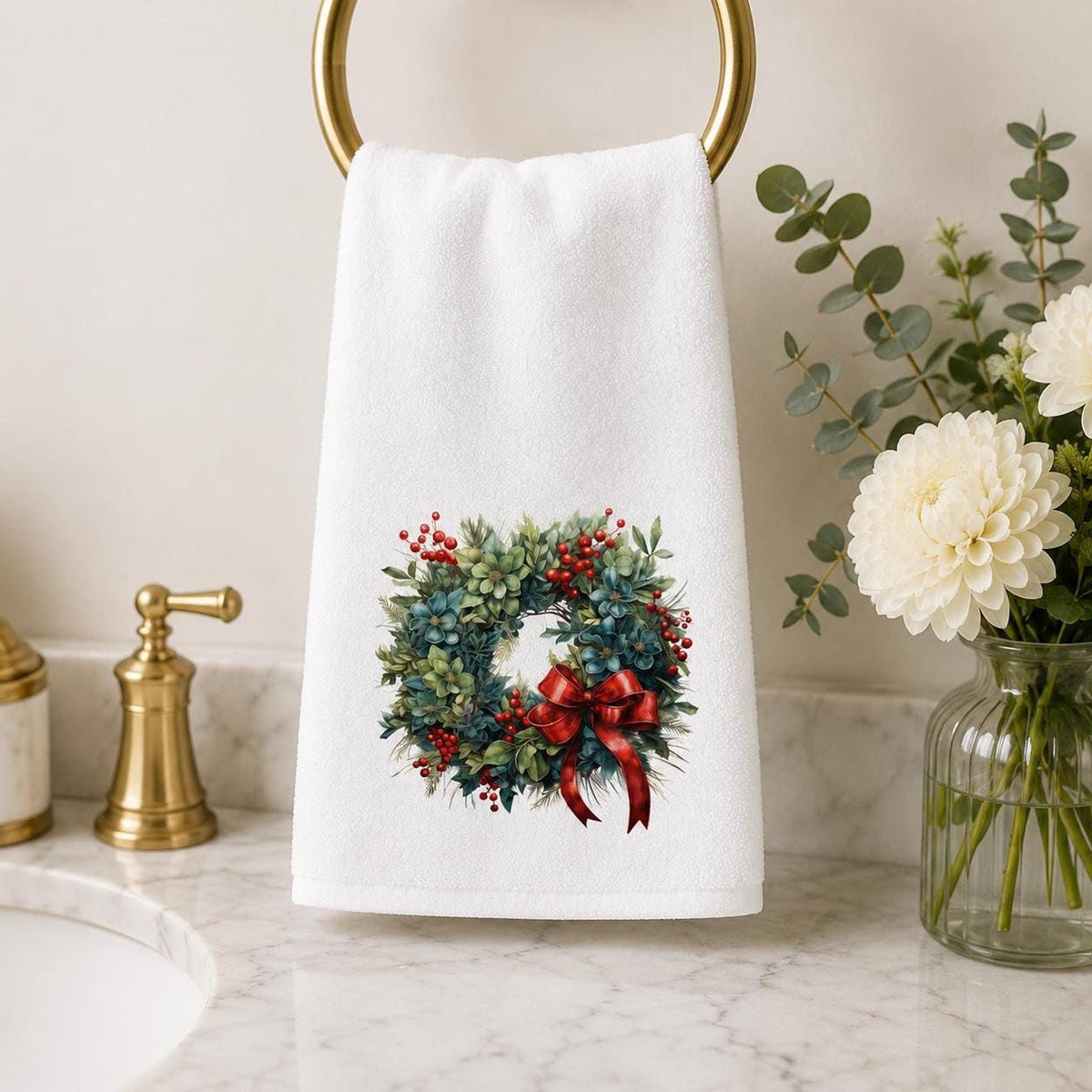 Christmas Wreath Hand Towel, Winter Floral Guest Bath Accent, Red Bow Seasonal Gift